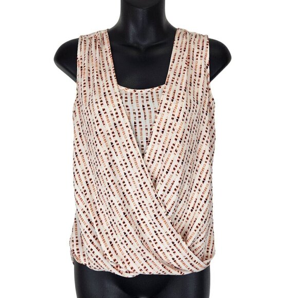 White House Black Market Drape Front Sleeveless Blouse Size 0 Red Cream Stretch - Picture 1 of 10